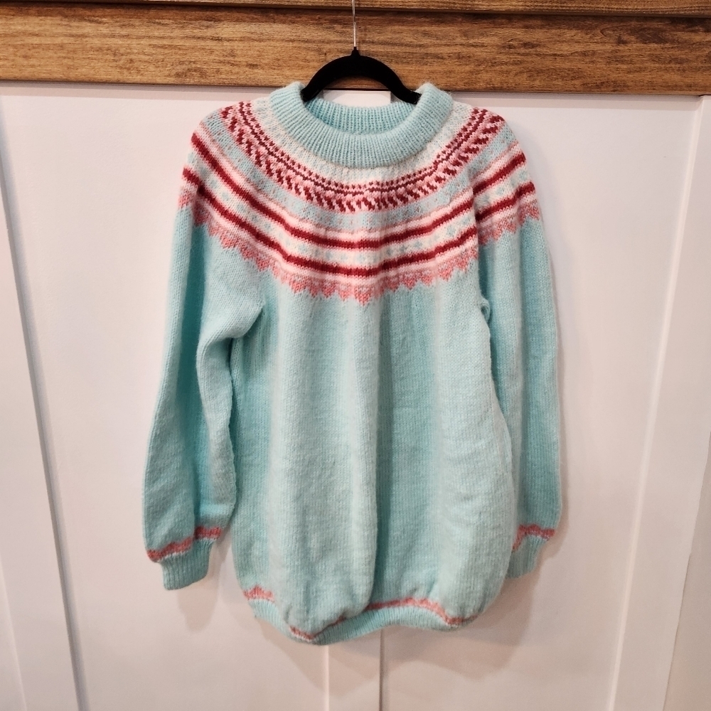 VINTAGE Womens Handmade Wool Knit Sweater Aztec Southwestern Duck Egg Blue L